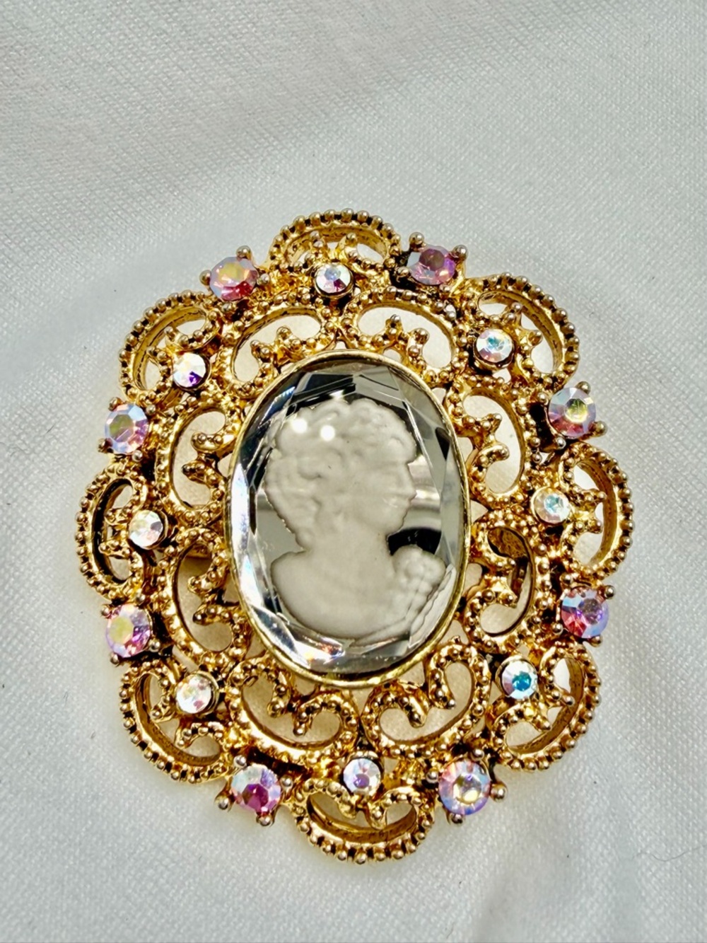 Vintage Gold Cameo Brooch with Pink Aurora Borealis Accents